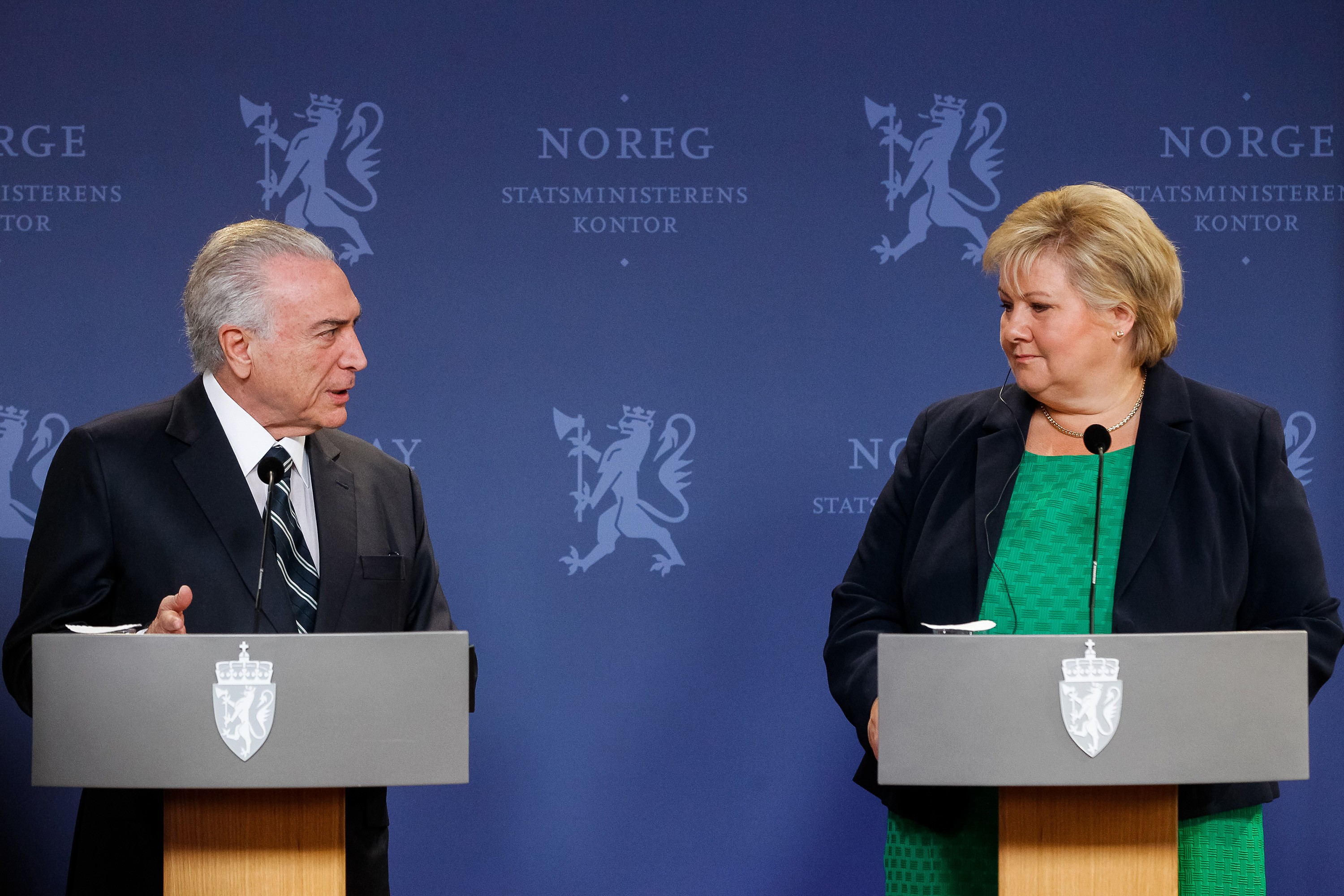 O presidente Michel Temer durante coletiva de imprensa com a primeira-Ministra da Noruega Erna Solberg em Oslo
