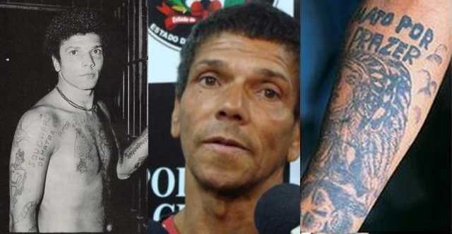 Imagem antiga de Pedrinho junto a uma mais recente. 'Mato por prazer', lê-se numa tatuagem seu braço 