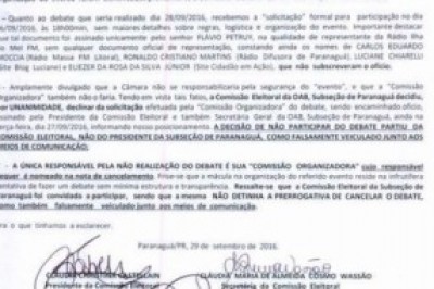 Nota Oficial da OAB sobre o Debate do dia 28