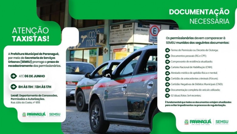 Prorrogado prazo para recadastramento dos permissionários do serviço de táxi no município